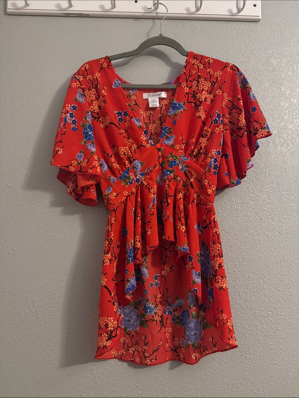 K Jordan Orange Red Floral V-Neck button Flutter-Sleeve Midi Blouse